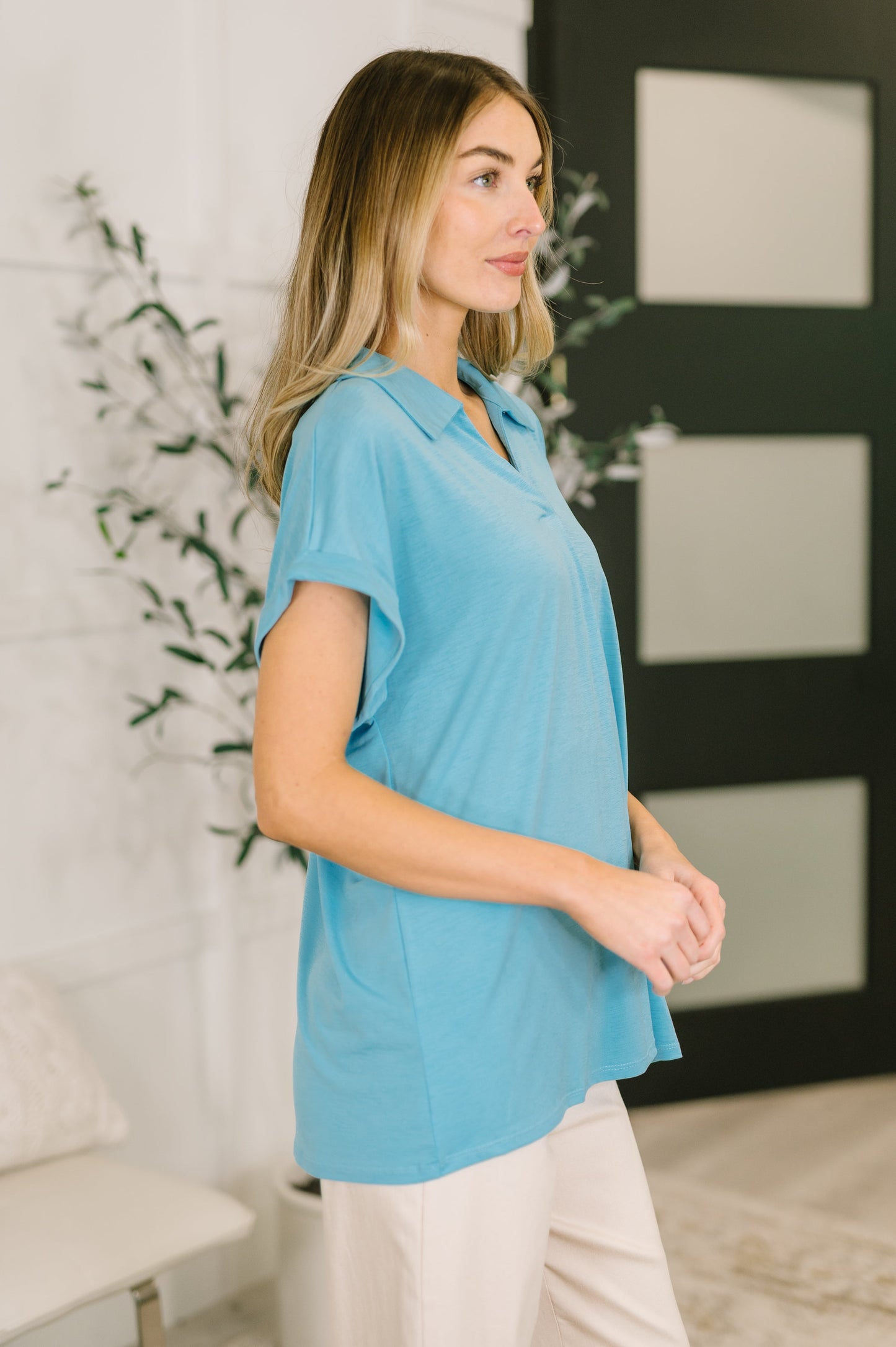 Sea You Soon Collared Top in Costal Blue