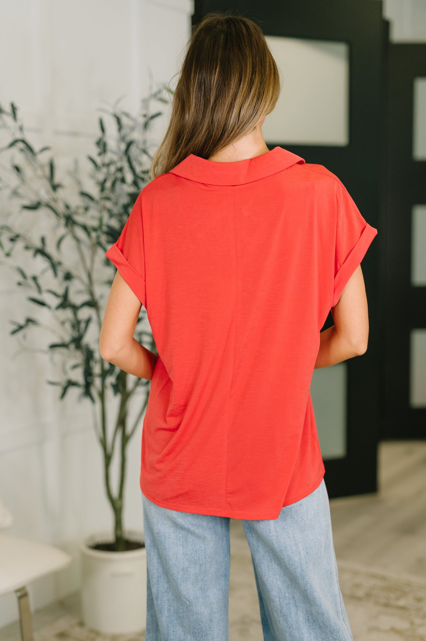 Sea You Soon Collared Top in Hot Coral